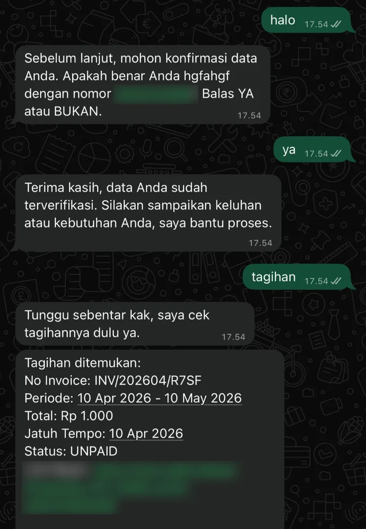 Verifikasi identitas, lalu tagihan diambil dari data billing.